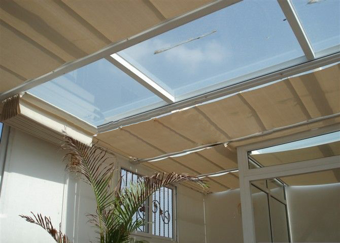 室內(nèi)玻璃采光頂遮陽(yáng)簾,電動(dòng)雙軌折疊式天棚簾